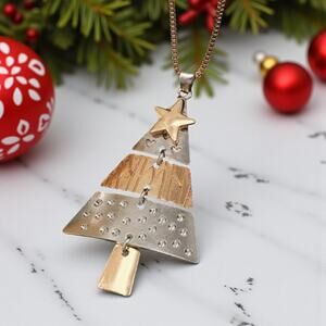 Christmas Tree Pendant Necklace – Two-Tone Silver & Gold Holiday Jewelry